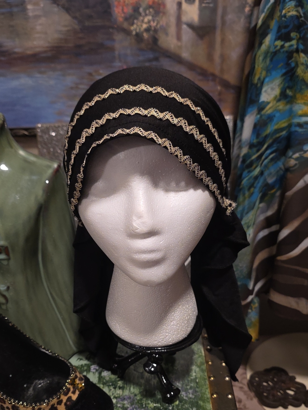 Black Headscarf with Gold Trim - Picture 7 of 9